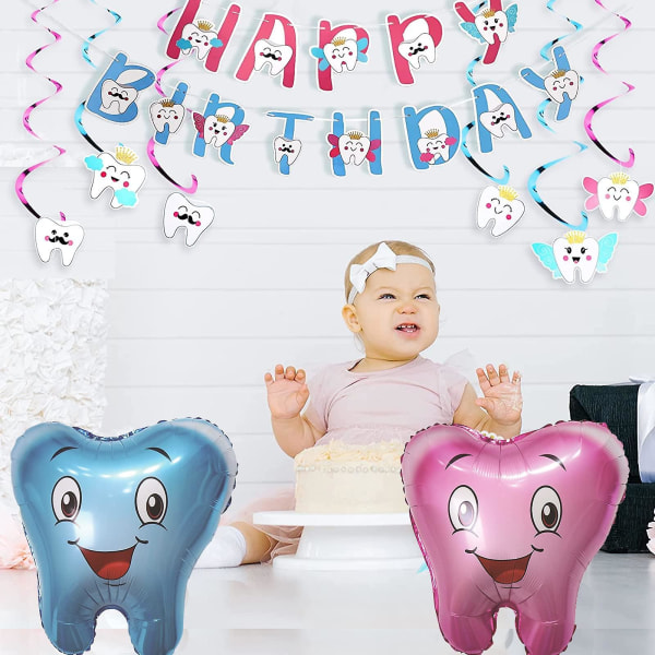 Paket med 2 tänder ballonger, tandformade ballongdekorationer, tandfe presenter pojkar flickor, födelsedag