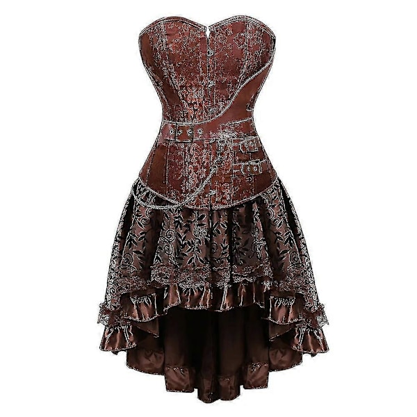 Europeisk Steampunk Piratkostyme for kvinner, korsettkjole, skjørt med snøring, pluss størrelse, brun glidelås, korsettkjole i imitert skinn L