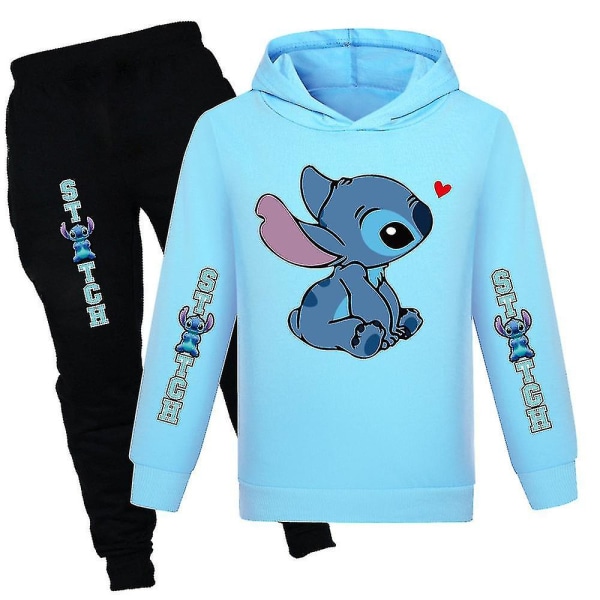 Lilo & Stitch Trykk Barnas Joggedresssett Gutter Jenter Avslappet Hettestroffe Joggebukse Antrekk Aktivtøy Sportsklær Light Blue 9-10 Years