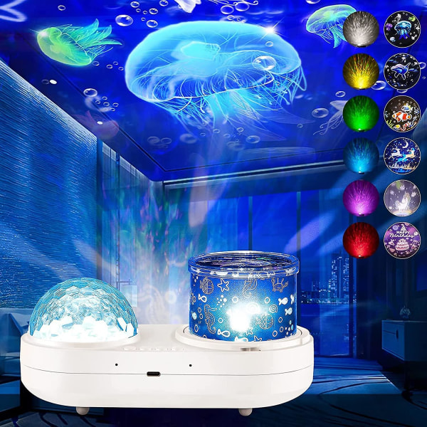 Ocean Light -projektori makuuhuoneeseen, heytea 360 astetta pyörivä yövaloprojektori 6 väriä kaksikerroksinen stereoprojektoritehoste Galaxy Projection N