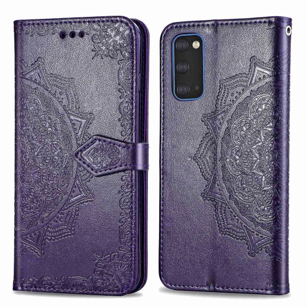 Preget Mandala lommebok skinnstativ beskyttelsesdeksel for Samsung Galaxy S20 4G/S20 5G Purple Style F Samsung Galaxy S20 4G