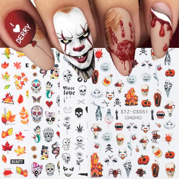 8 Ark Halloween Efterår Efterår Neglekunst Stickers Dekaler Selvklæbende Kranium Edderkoppespind Græskar Design Manicure Tips Negle Dekoration