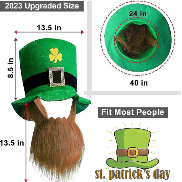 2-pack St. Patricks festhatt St. Patricks Day-tillbehör Grön Leprechaun topphatt med brunt skägg för män kvinnor tonåringar, klöver sammet irländsk dag C