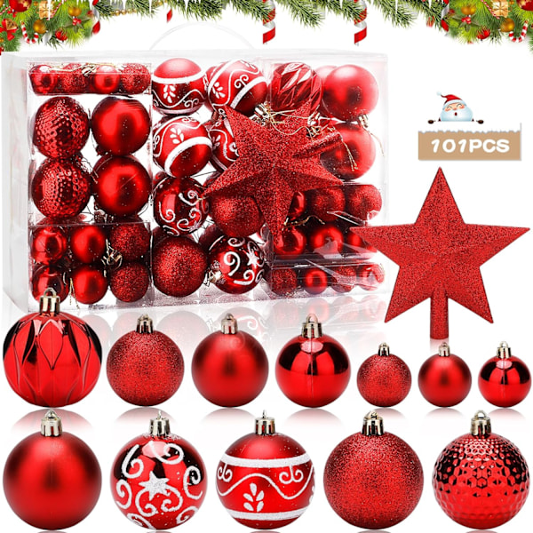 101 pcs Christmas tree balls, ornaments, with tree tip star, plastic Christmas tree balls, Christmas tree balls