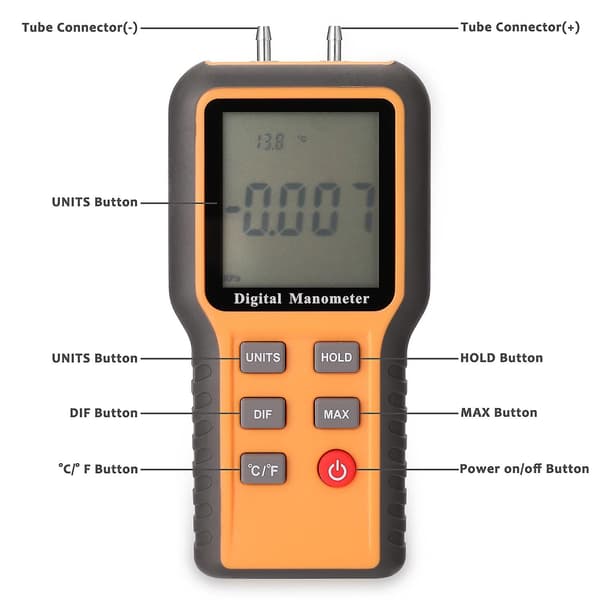 Digital Manometer LCD-display ℃ ℉ Omkopplingsbar 12 tryckenheter Justerbar inomhustemperaturmätning