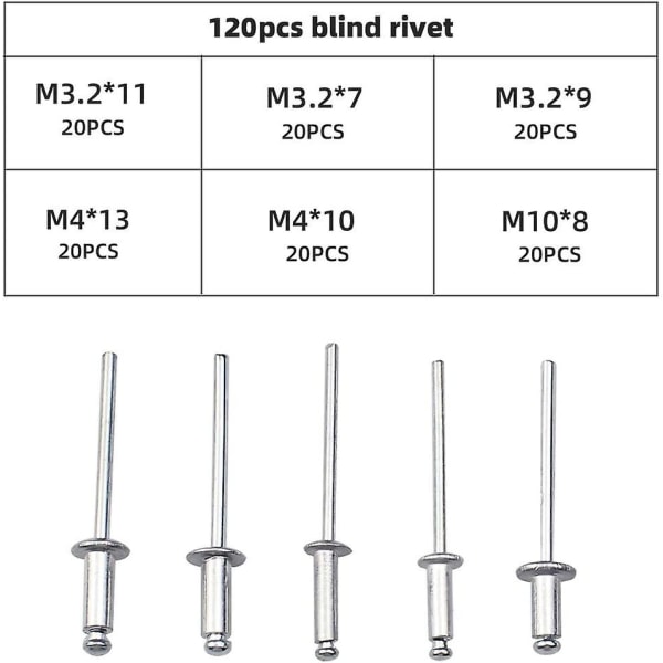 120 stk. Blindnitter Aluminium Nitte Legering Kuppelhoved Popnitter Med Rundt Hoved Åben Nitte Opbevaring