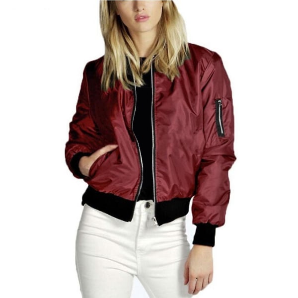 Yynuda Classic Solid Biker Zip Up Crop Bomber Jacket Coat for kvinner Red L