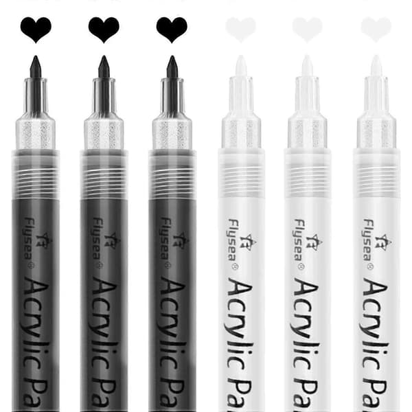 Akrylmaling, 6-pak sorte og hvide malermarkører, maling til stenmaling, keramik, glas, træ black  white