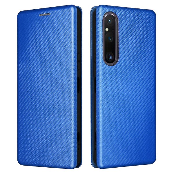 Sony Xperia 1 V -jalustalle Pu Nahkainen phone case Hiilikuitukuvioinen korttitelineen puhelimen cover Blue