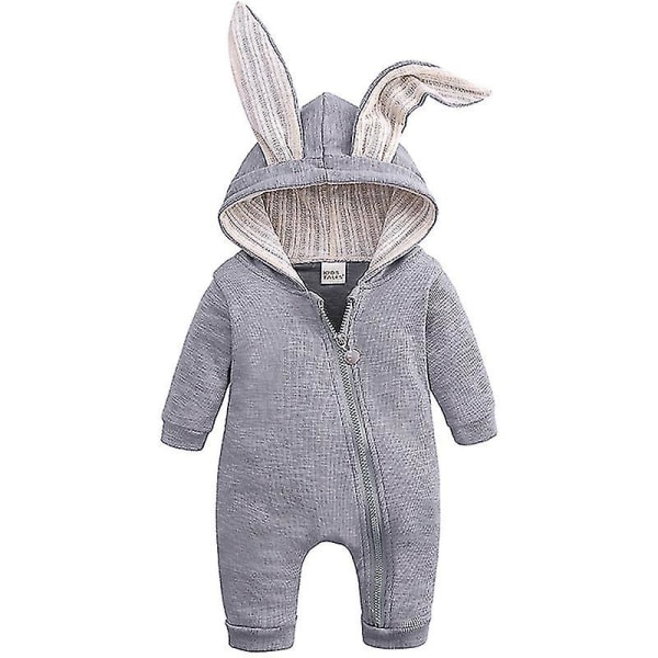 Baby Romper Kanin Bunny Ear Hætte Jumpsuit Lynlås One Piece Pyjamas Grey 12 18 Months