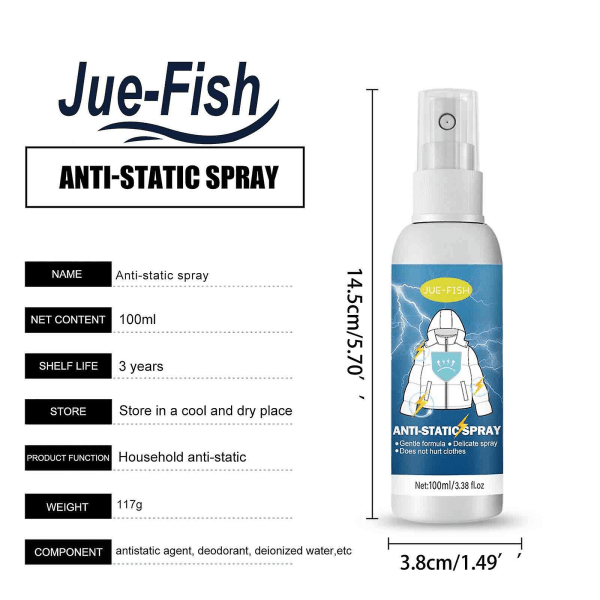 Antistatisk spray, ta bort statisk elektricitet från hår och kläder, skadar inte kläderna säkert och irriterar inte (100 ml)