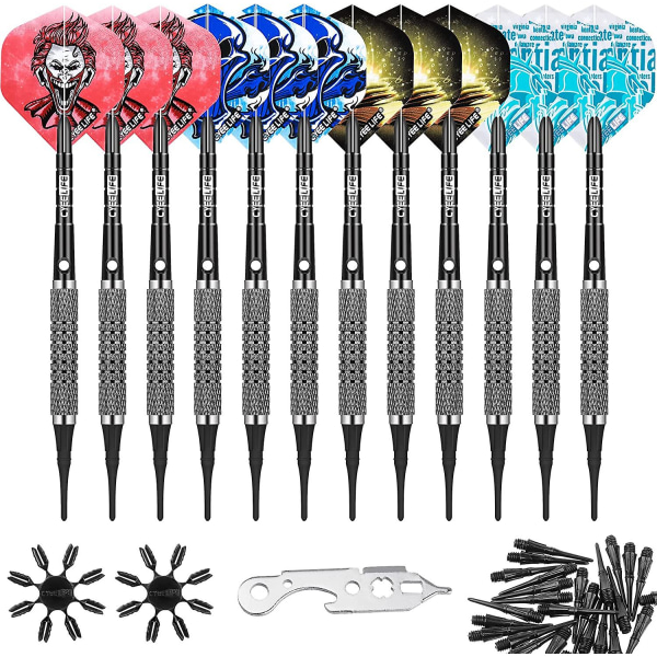12g myk spiss dart 12 pakker med 4 farger fett aluminium skaft + 100 tips + verktøy + 16 fly + 16 beskyttere, lett plast dart sett