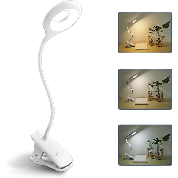 Genopladelig Trådløs LED Skrivebordslampe, 3 Farver og 3 Dæmpbare, Touch Screen Sengelampe til Børn med Klemme, Bærbar Clip-on Læselampe