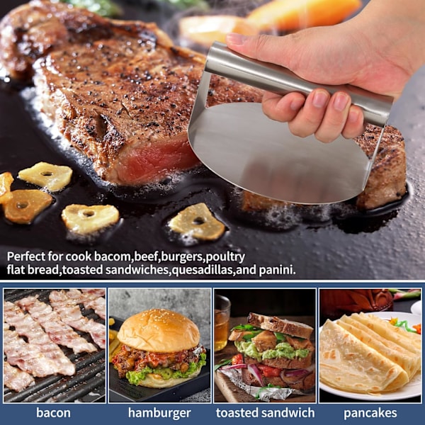 Paranna grillauskokemustasi ruostumattomasta teräksestä valmistetulla hampurilaisprässillä, Smash Burger Pressillä ja löydä täydellinen hampurilainen. Steel handle