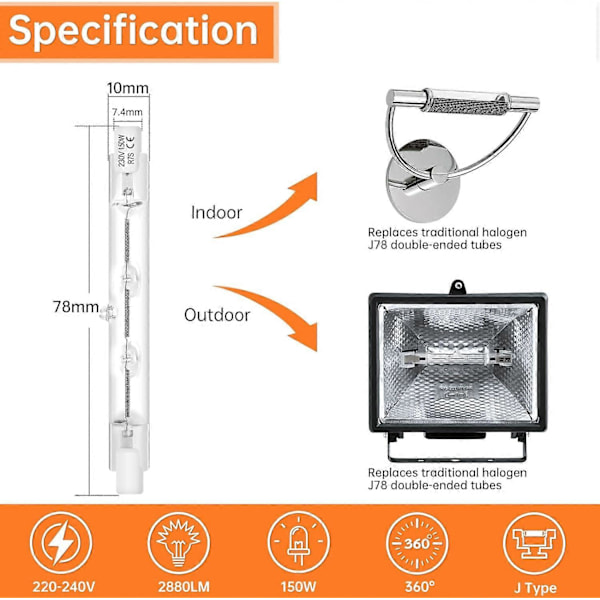 6-pak R7s Halogenpære 118mm 230W Dæmpbar 230V 4650lm 2800K Varmt Hvid Energibesparende Wolfram Lineære Lamper Floodlight J118 78mm