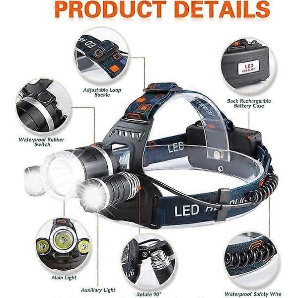 Oppladbar LED-hodelykt, 5000 lumen hodelykt, supersterk T6 LED-hodelykt, vanntett hodelykt med 2 batterier.