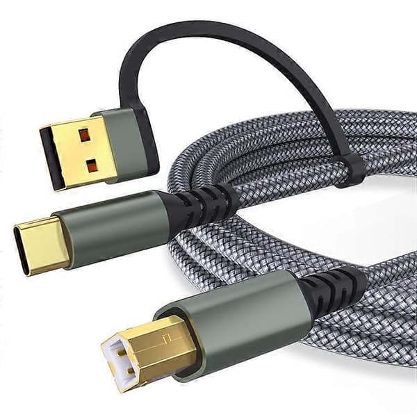 3m USB / Type-C til Firkantet USB Type-B 2-i-1 Skriverkabel Flettet Utskriftstilkoblingskabel Grey