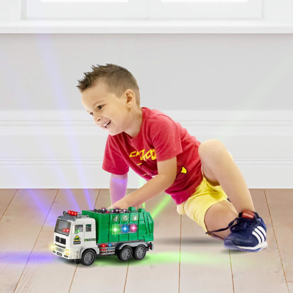 Lelu roska-auto lapsille 4d valoilla ja äänillä - Akkukäyttöinen automaattinen Bump & Go -auto - Puhdistusautotarrat -z