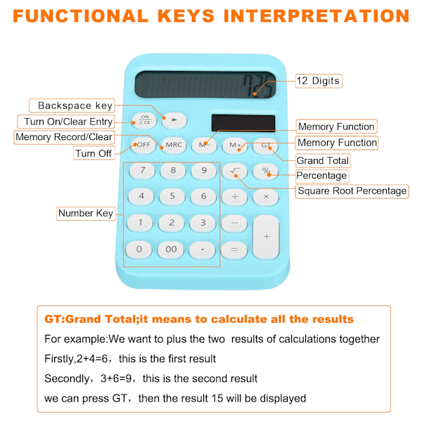 Pöytälaskin, 12-numeroinen suuri LCD-näyttö, vakiotoiminnot, kannettava söpö laskin kotiin ja toimistoon, sininen Blue