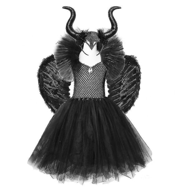 Halloween Kostymer Barn Flickor Svart Klänning Ankellängd Klänningar Devil Kostym Cosplay Outfits Horns Wings