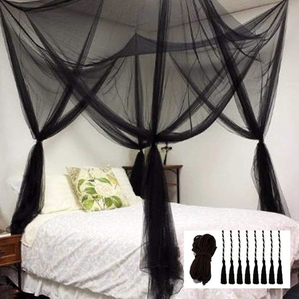 Double Sky Bed 190cm(l) x 210cm(p) x 240cm(k) Suorakaiteen muotoinen sänky Suuri yksinkertainen kesäinen musta hyttysverkko, jossa 4 aukkoa katos hyönteissuojattu sängyn verho