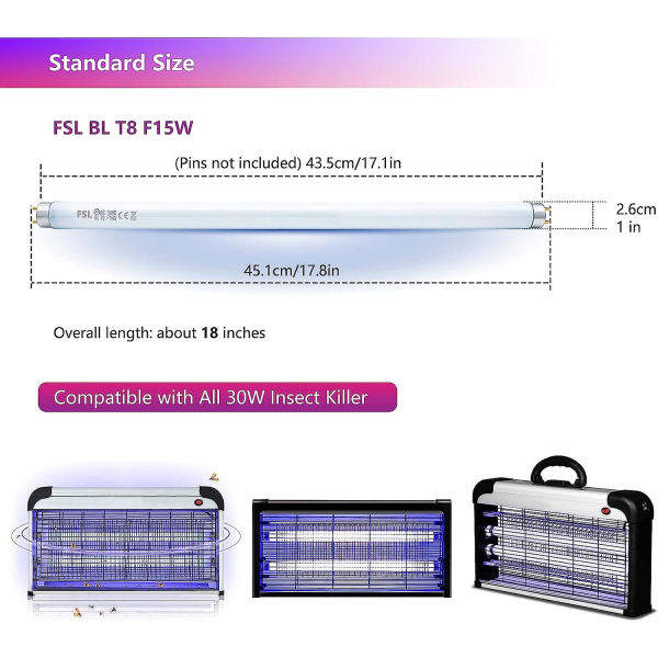 2-pak T8 F15w Fluesnapper-erstatningslamper - 17 tommer UV-rør for 15/30 W Fluesnapper / Insektfanger