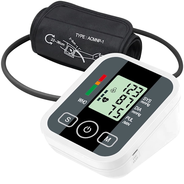Elektronisk blodtrykksmåler for overarm med LCD-skjerm og arytmifunksjon