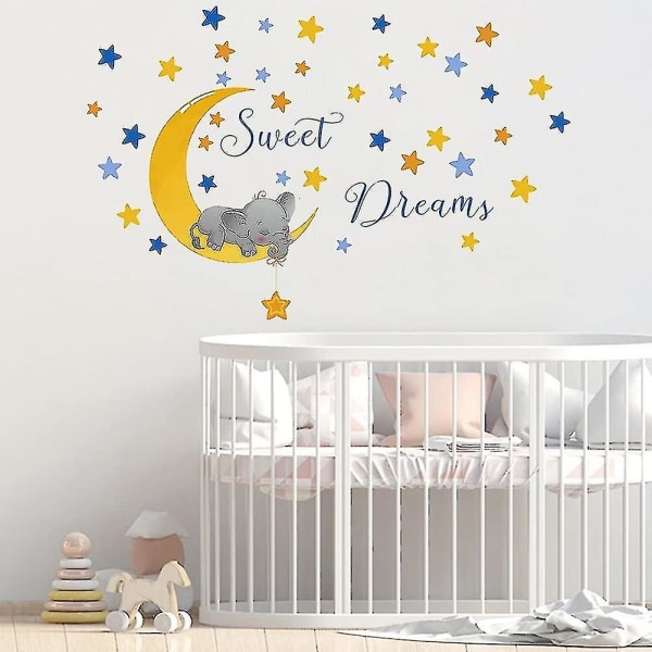 Keltaiset Sweet Dream -seinätarrat Elefanttitähti Kuu Seinätarrat, Lapset Baby Vauvankotihuone Lastenhuone Tee itse koristeellinen liima taidetapetti