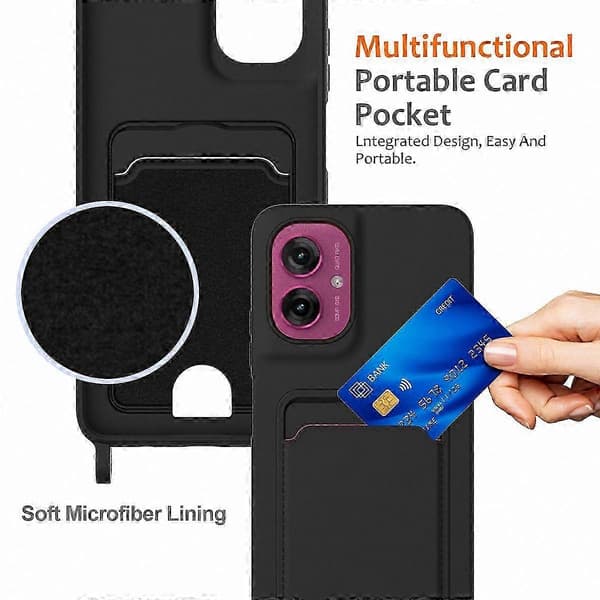 Silikone kortholder telefoncover med snor til Moto G55 5G, sort blødt bagcover
