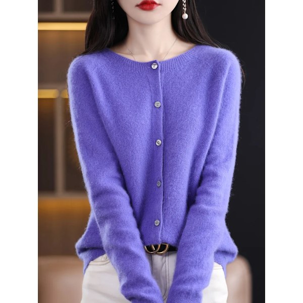 Addonee Dame 100% Merinouldtrøje Kasjmir Rundhals Cardigan Raglan Ærme Klassisk Strikket Ensfarvet Ensfarvet Hion Basisbeklædning Changchunhua Blå Changchunhua Blue XXL