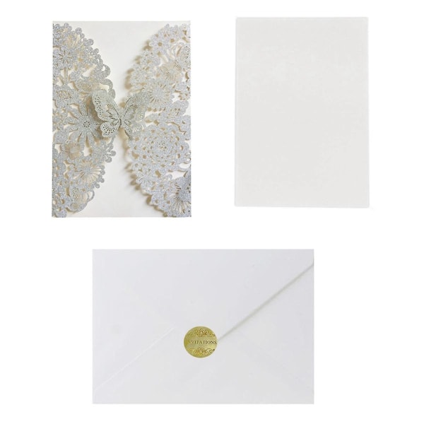 20 sæt sommerfugle invitationskort Blonde bryllupsinvitationer med konvolutter (sølvglitter)