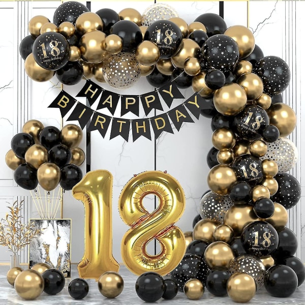18. bursdagsdekorasjon, 18. guttepikefest Bursdagsdekorasjoner, Gratulerer med dagen, kransballong, svart gulldekorasjon