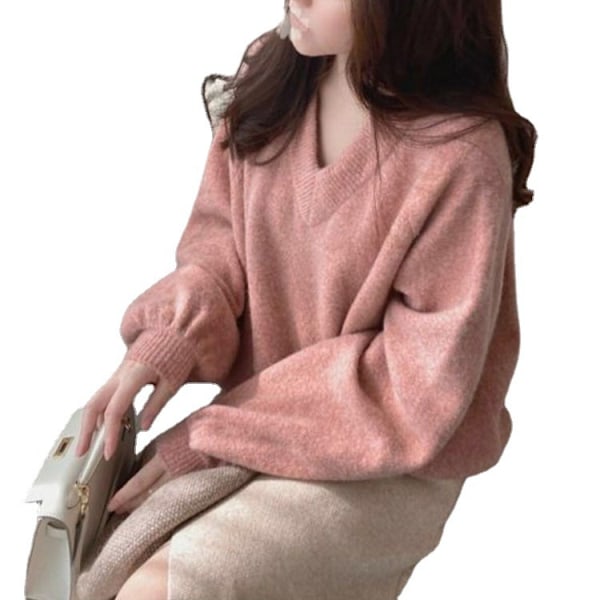 Women's Long Sleeve V-Neck Sweater Loose Knit Casual Solid Color Pullover Tunic Tops