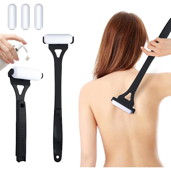 【CJY】Back Lotion Applicator with Long Handle, 4 Reusable Foam Rollers & Foldable Design for Easy Self-Application, Black Black
