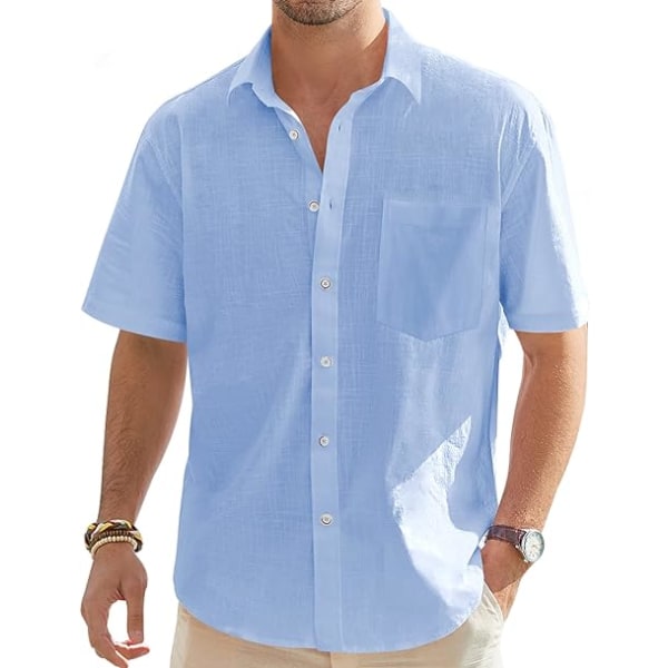 Kortärmad linneskjorta för män Normal passform Casual Beach Shirt med ficka