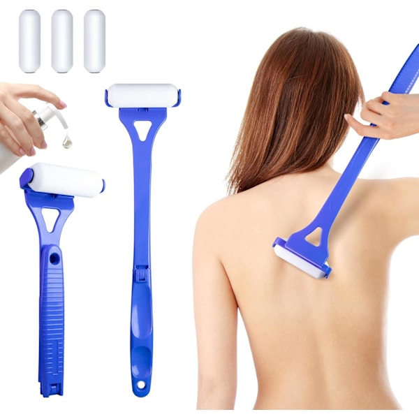【CJY】Back Lotion Applicator with Long Handle, 4 Reusable Foam Rollers & Foldable Design for Easy Self-Application, Blue Blue
