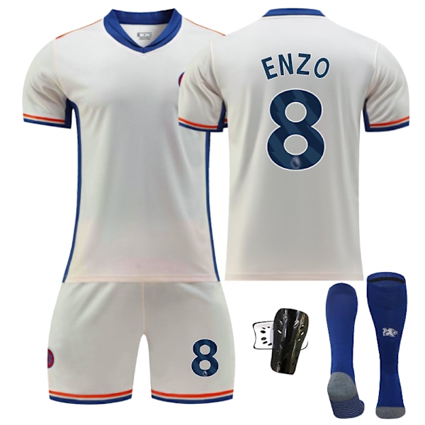 Chelsea Hjemme Fotballdrakt Barn 2024-2025 - Borte Enzo Nr. 8 - Sokkbeskyttere 26 Nr. 8 - Sokkbeskyttere No. 8 - Sock Guards 26