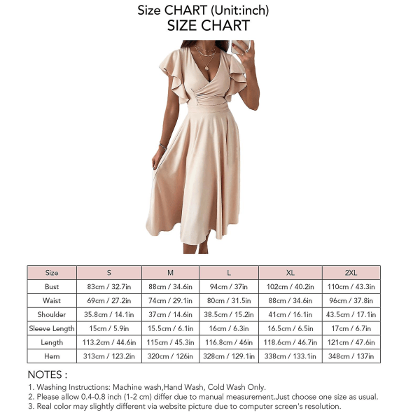 Kort volangärmad klänning Kvinnor Snygg Elegant Ren färg Omlott V-hals Midja Samlad midiklänning för arbete Vit S Apricot 2XL