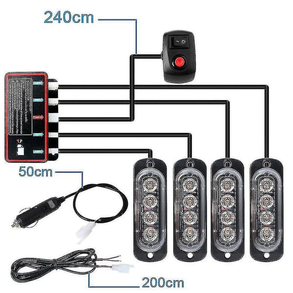 4 stk 4LED Strobelys 12V Strobelys 4 i 1 Bil Nødlys Beacon Nødlys Blinkende Lys (Taiy