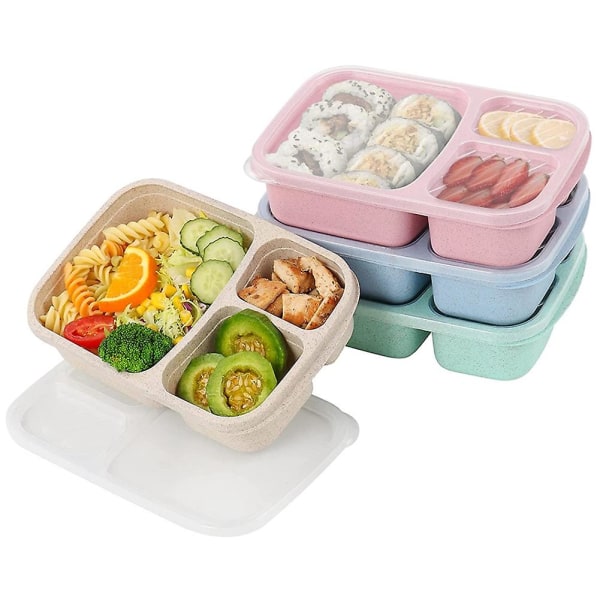 4 pakke Bento lunsjboks, 3-roms måltidsforberedelsesbeholdere, lunsjboks for barn, gjenbrukbar matbeholder