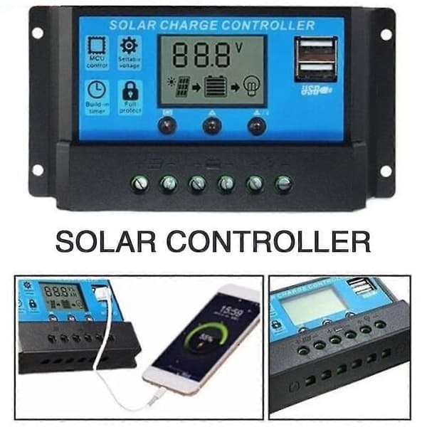 12v/24v Auto Solpanel Batterikontroller Digital Display Solcellsladdningsregulator För Solvarningsljus 30A
