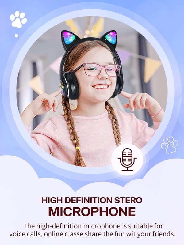Cat Ear LED-upplysta hopfällbara Bluetooth-hörlurar för barn