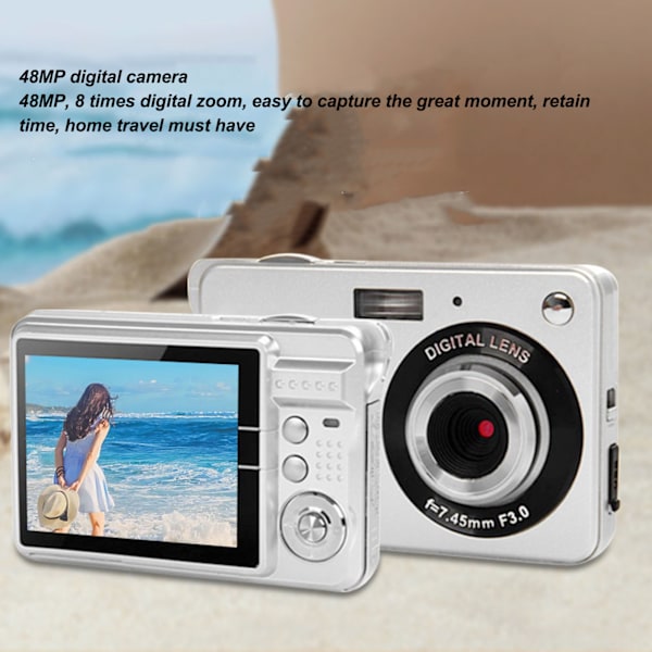 4K Digitalkamera til Teenagere 48MP HD 2.7 Tommer TFT Skærm 8x Zoom Autofokus Anti-rystelse Lommekamera til Rejsefotografering Vlogging Sølv