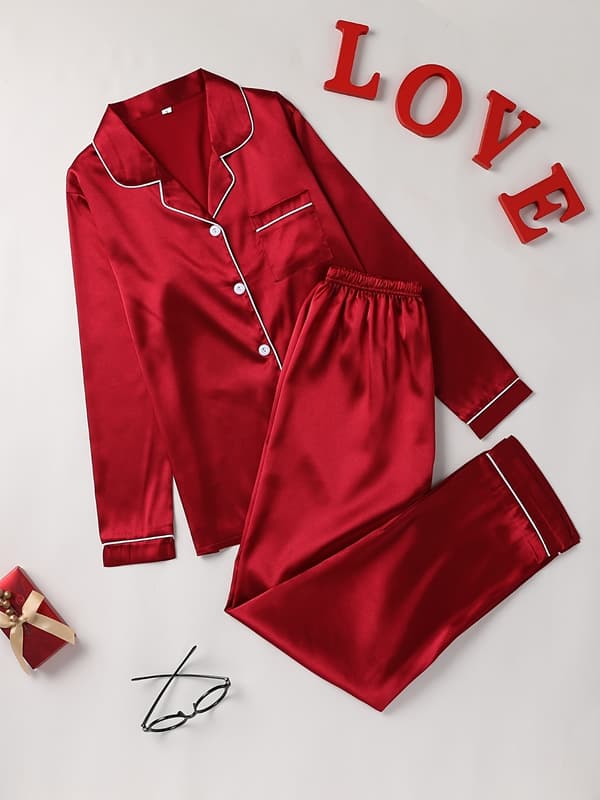 Solid pyjamassett, langermet med knapper, nattøy og loungewear for kvinner L Röd