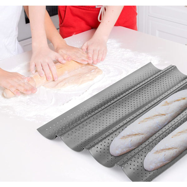 Baguette bageplade perforeret form til franske brød til 4 baguetter (sølv)