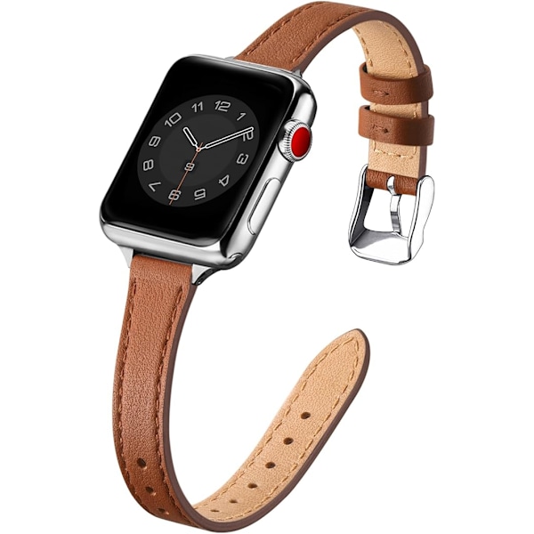 Leather Strap Compatible with Apple Watch 42mm 44mm 45mm 49mm, Slim Thin Leather Replacement Band, for Women Men Brown&Silver