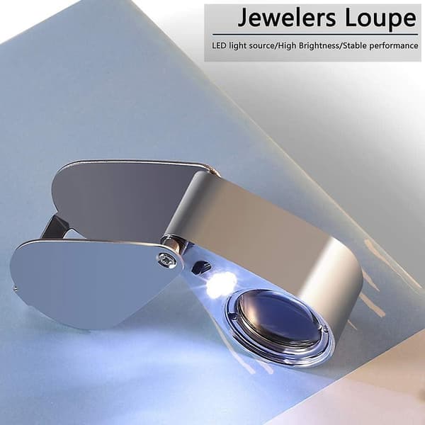 40X belyst gullsmedlupe, sett med 2 sammenleggbare smykkeluper i metall med LED-lys
