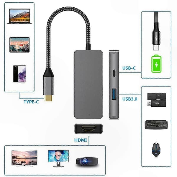USB C til HDMI 4K Adapter Bærbar Docking Hub Højhastighedsdataoverførsel Laptop Tilbehør Grey