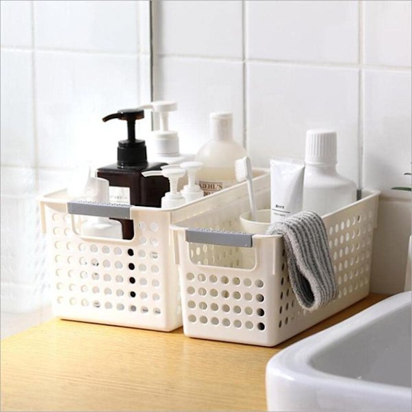 Slim Plastic Storage Basket, Rectangular Organizer Box with Non-Slip Handles, Ventilation Design Sturdy Storage Bin for Home Office, Stackable