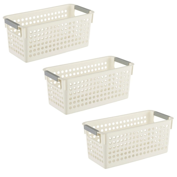 Slim Plastic Storage Basket, Rectangular Organizer Box with Non-Slip Handles, Ventilation Design Sturdy Storage Bin for Home Office, Stackable